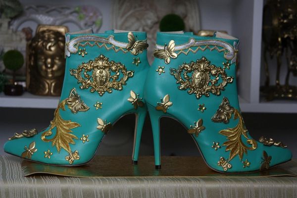 SOLD! 1295 Embellished Baroque Aqua Butterfly Boots Size US8.5