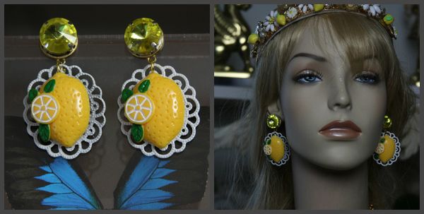 SOLD! 1301 Lemon Fruit Yellow Crystal White Filigree Earrings
