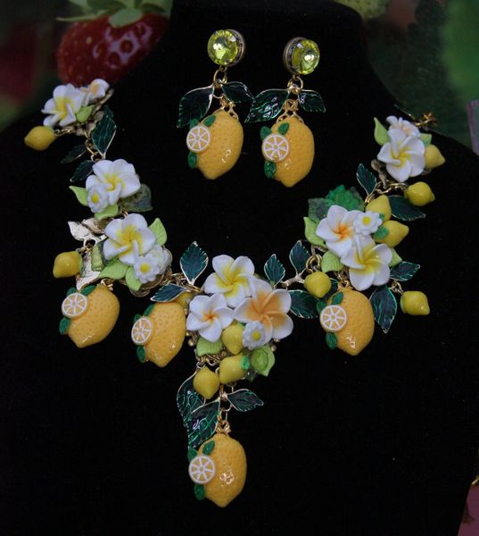 SOLD! 1303 Designer Inspired Lemon Fruit Enamel Set Necklace+ Earrings
