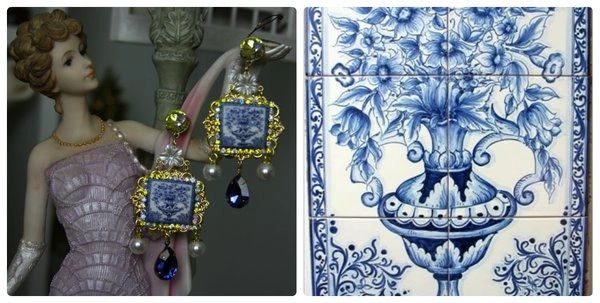 SOLD! 1326 Sicilian Tile Vase Blue Cameo Crystal Studs Earrings
