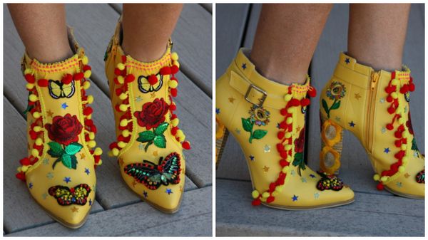 SOLD! 1329 Designer Inspired Butterfly Rose Pom Pom Yellow Boots Size Us10
