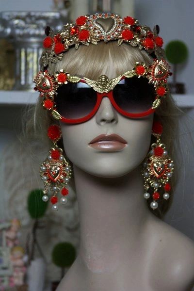 SOLD! 1338 Designer Baroque Red Frame Cherub Heart Embellished Sunglasses