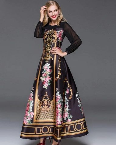 SOLD! 1342 Victorian Print Stunning Black Gown Maxi Dress US6