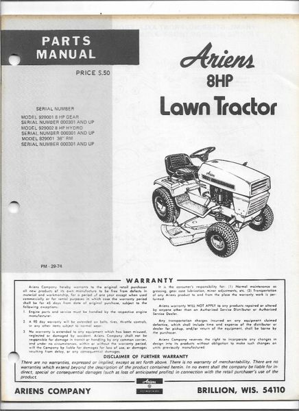Original Ariens 8HP Lawn Tractors Parts Manual Catalog List # PM-29-74