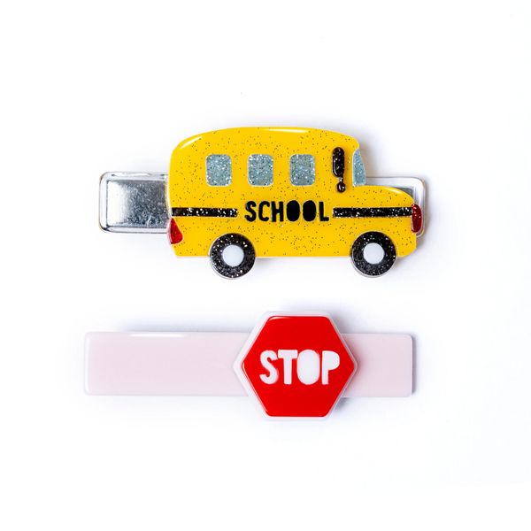 Yellow Bus & Red Stop Sign Alligator Clips - Lilies & Roses NY