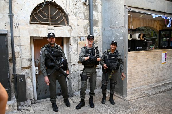 Israel, Jerusalem, Bazaar, Street Scene, Soldiers with rubber bullets