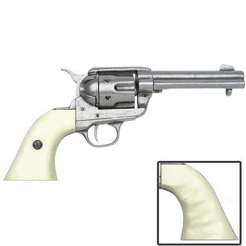 Old West Replica 1873 Antique Finish Quick Draw Revolver, Ivory Finger Grooved Grips Caps Firing Replica