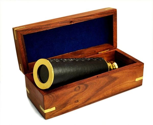 Leather Wrapped Nautical Brass Captain's Telescope in a Wooden Box