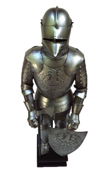 Handcrafted 18” Medieval Knight In Full Plate Armor with Pig Faced Bascinet Helmet and War Axe (Circa. 1430)