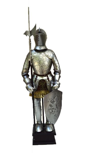 Handcrafted 18” Medieval English French Knight In Full Plate Suit of Armor, Pig Face Helmet Metal Statue