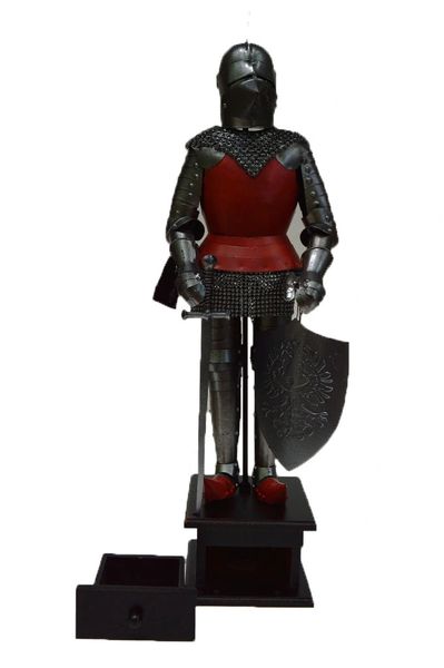 Handcrafted 18” Medieval Knight In Full Plate Armor with Pig Faced Bascinet, Mail Coil and Sword Statue (Circa. 1425)
