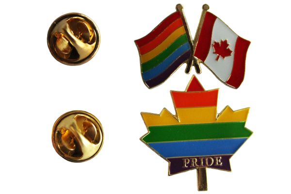 2 LGBTQ Gay & Lesbian ..Flag CANADA & PRIDE MAPLE LEAF SET - Metal LAPEL PIN BADGES