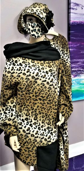 Leopard asymmetrical poncho, hat & mask set