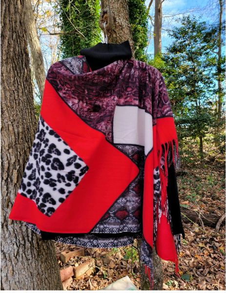 Mixed Red, winter white deep chocolate & black poncho