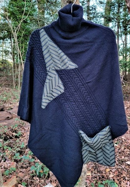 Black wool medium weight poncho swatched with olive & black geometric