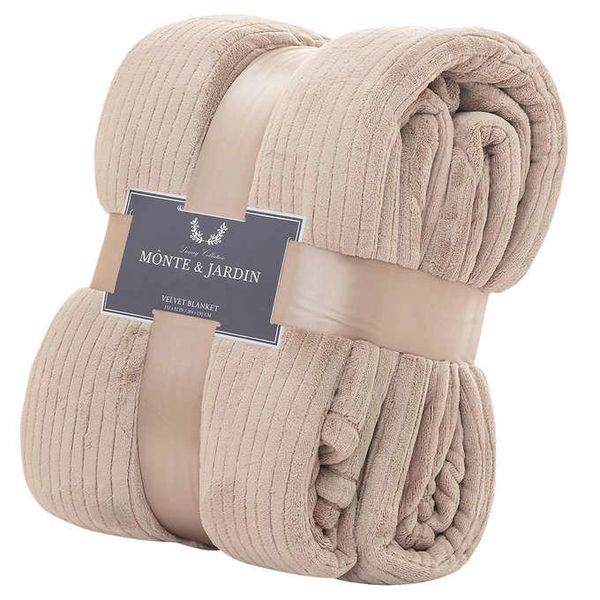 Monte Jardin Jacquard Velvet Blanket BEIGE Tan Queen Size. Super