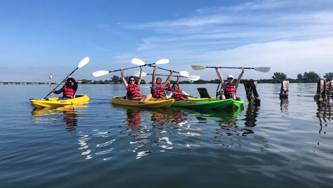 3 kayakers holding up paddles in celebration on the water
www.glassbottomtours.com