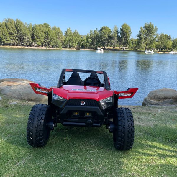 24V TOUCH TV 4WD RUBBER TIRES , AGES 1-10 GIANT UTV RIDE ON , BUGGY, BLUETOOTH , REMOTE OR PRESS ON PEDAL AND GO .. BUGGY RUBBER TIRES ADJUSTABLE LEATHER SEAT RED