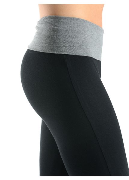 Mopas Yoga Leggings Cotton Pants With Fold Over Solid Waistband Mid Waist  Black Leggings 