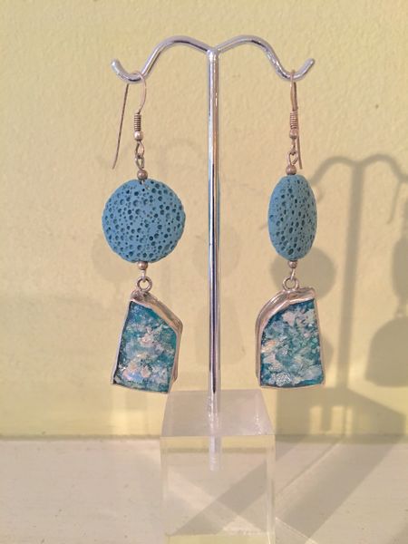Ancient Roman Glass Earrings with Blue Lava Stone