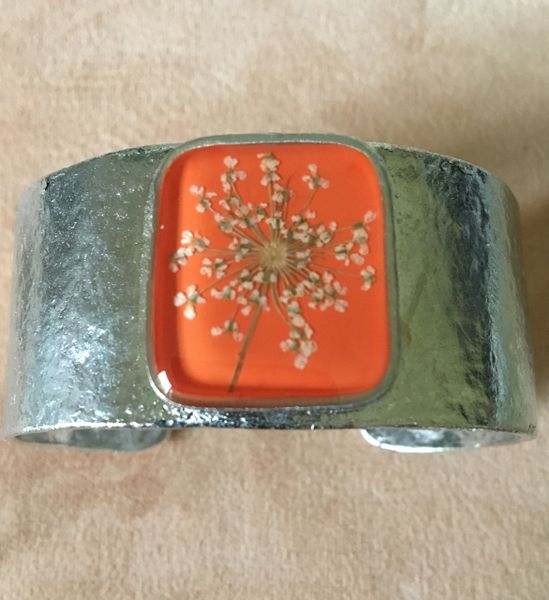 Lace Flower on Orange Enamel Cuff Bracelet