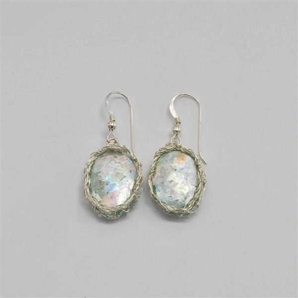 Ancient Roman Glass Oval Earrings with Hand Crocheted Silver
