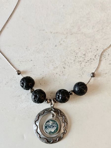 Sterling Silver Ancient Roman Glass Necklace with Black Lava Beads
