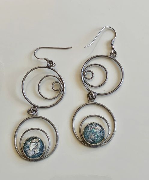 Ancient Roman Glass Double Hoop Silver Earrings