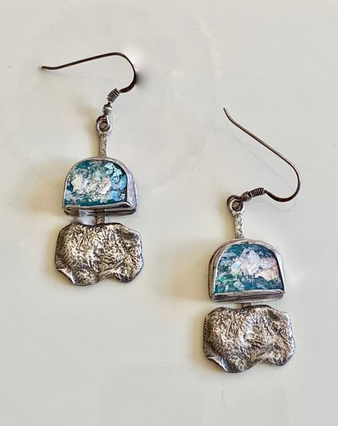 Ancient Roman Glass Shield Design Earrings with Textured Silver Dangle