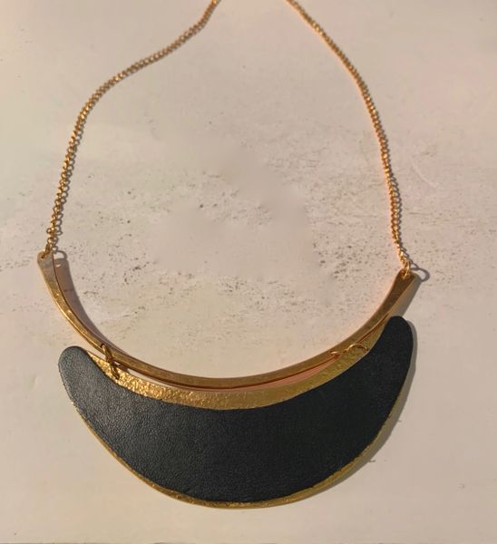Crescent Shaped Brass and Oxidized Brass Necklace