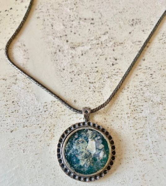Ancient Roman Glass Round Disc Pendant on Oxidized Silver Chain