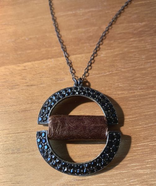 Vintage Circular Pendant with Black Crystals and Leather Cross Bar