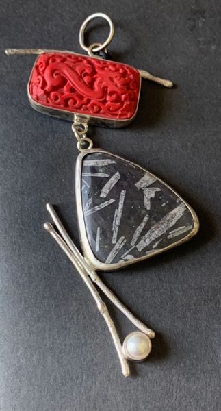 Hand Carved Dragon on Red Cinnabar with Speckled Jasper Pendant