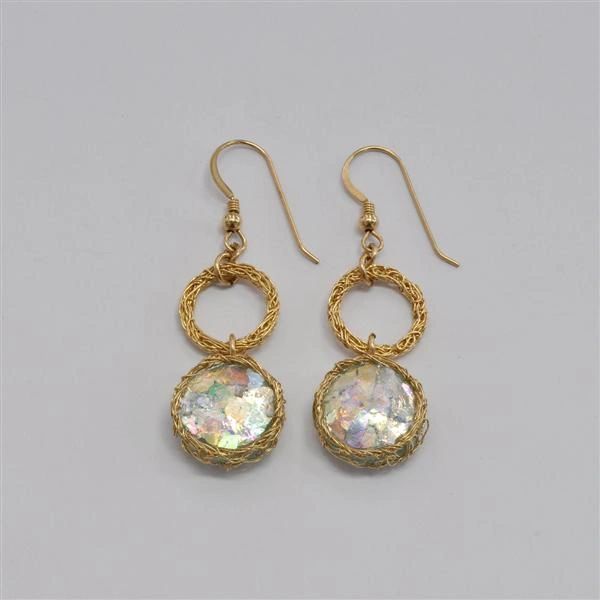 Ancient Roman Glass Earrings with Hand Crocheted Gold Plating