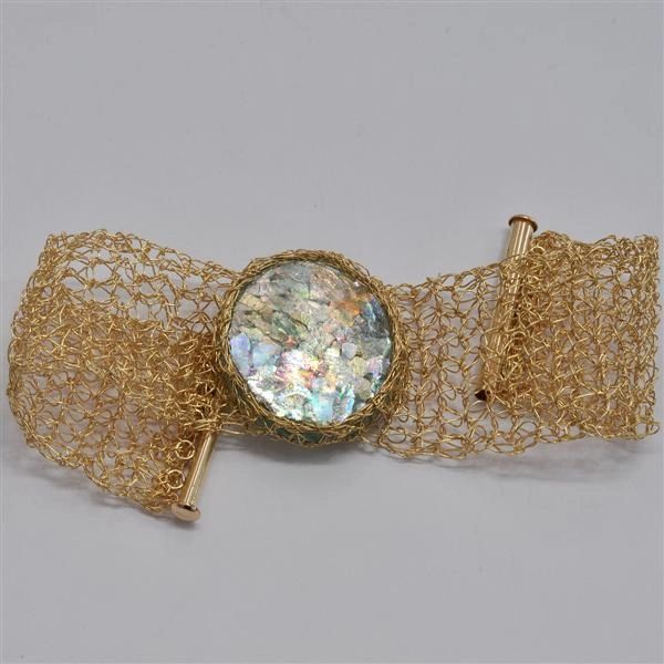 Ancient Roman Glass with Hand Crocheted Gold Plated Bracelet