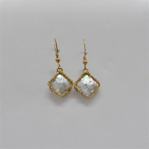 Ancient Roman Glass Earrings with Hand Crocheted Gold Plating