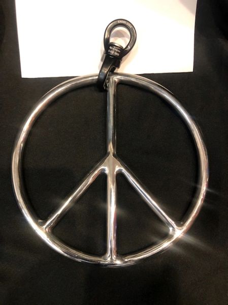 Polished stainless steel peace shibari suspension ring with spinner