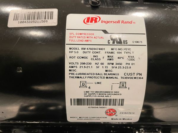 Ingersoll Rand 47669474001 5HP Motor for SS5L5 and 2340L5 Air Compressors  230v Single Phase / 23378805