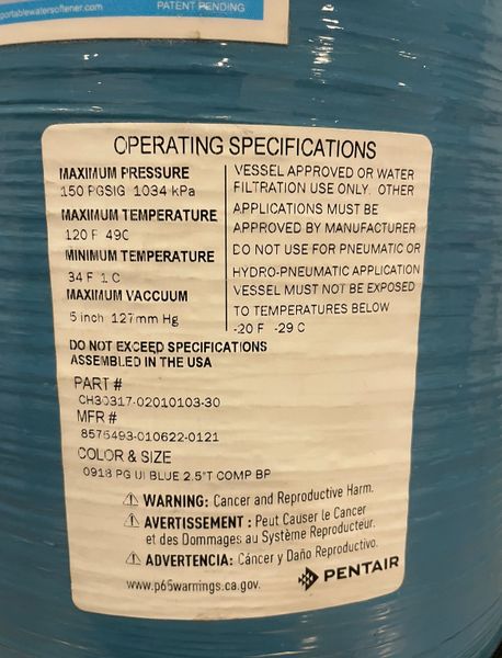 CH30317-02010103-30 Pentair Portable Water Softener UNTESTED MAY