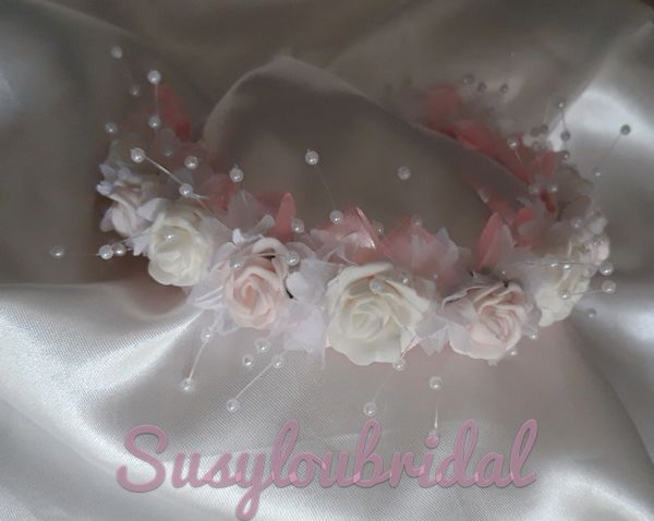Hair Flowers Pale Pink Rose With White Roses & Babies Breath Alice Band &  Hair Comb