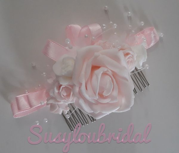 Hair Flowers Pale Pink Rose With White Roses & Babies Breath Alice Band &  Hair Comb