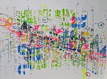 Abstract artist Germany, colourful abstract paintings created in oil sticks, spray paint and ink 