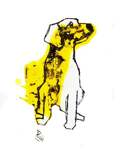yellow dog, ink mono print the shaw