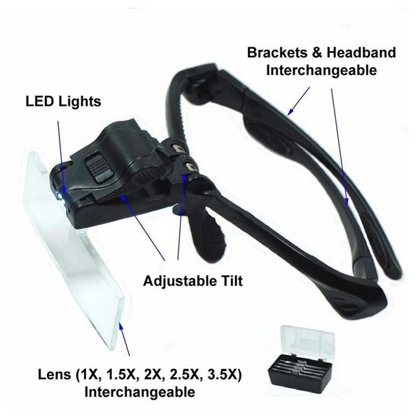 Magnifying Glasses with LED Light and Head Strap, has interchangeable lenses