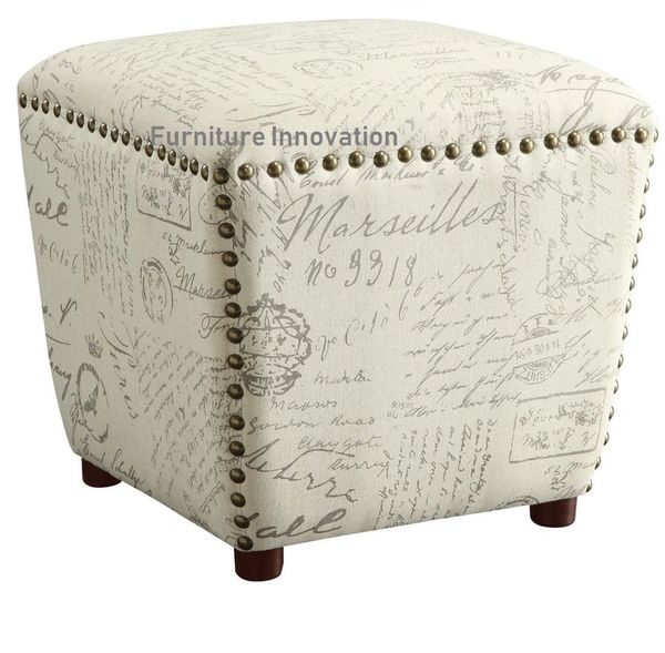 French Script Beige Upholstered Ottoman