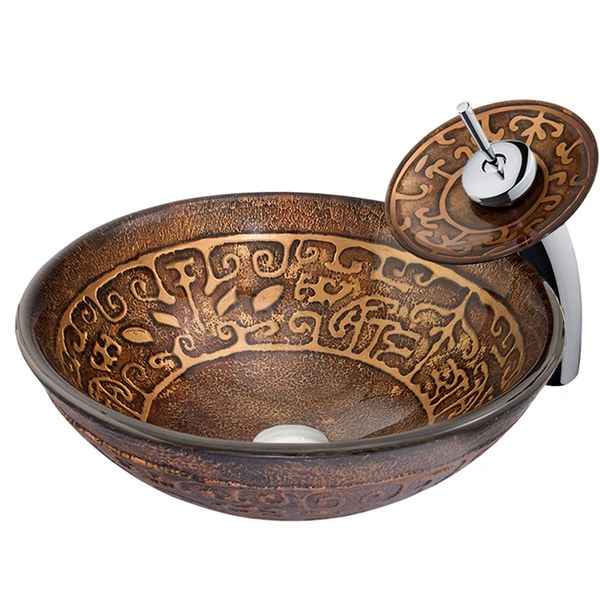 Golden Greek Glass Vessel Sink and Waterfall Faucet Set in Chrome by