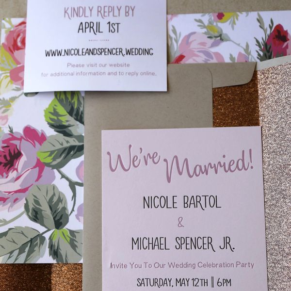 Two-color letterpress wedding invitation suite with Paper Source floral paper