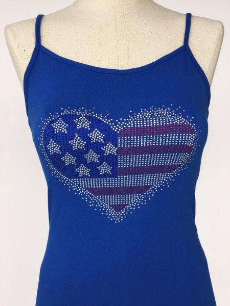 Bling American Flag Heart - spagetti strap tank top - Blue
