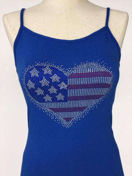 Bling American Flag Heart - spagetti strap tank top - Blue