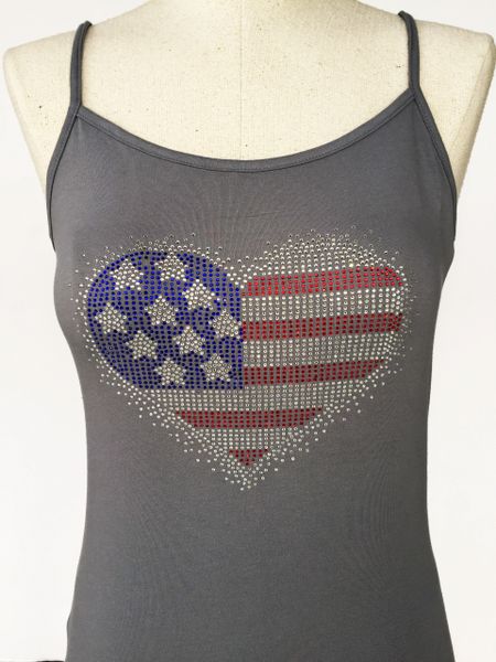 Bling American Flag Heart - spaghetti strap - Grey